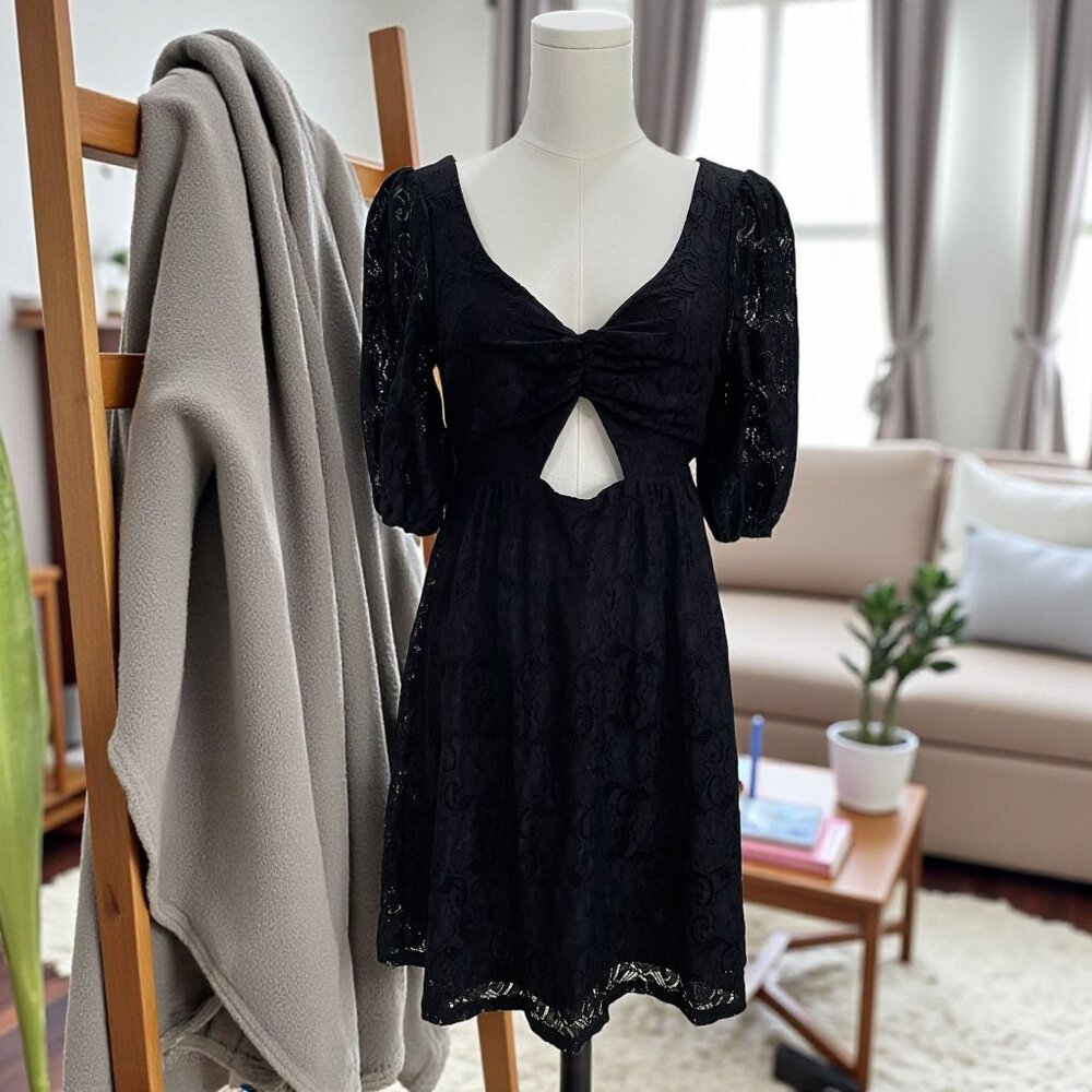 NSR Black Lace Puff Sleeve Cutout‎ Mini Dress Size Small Coquette Romantic Y2K